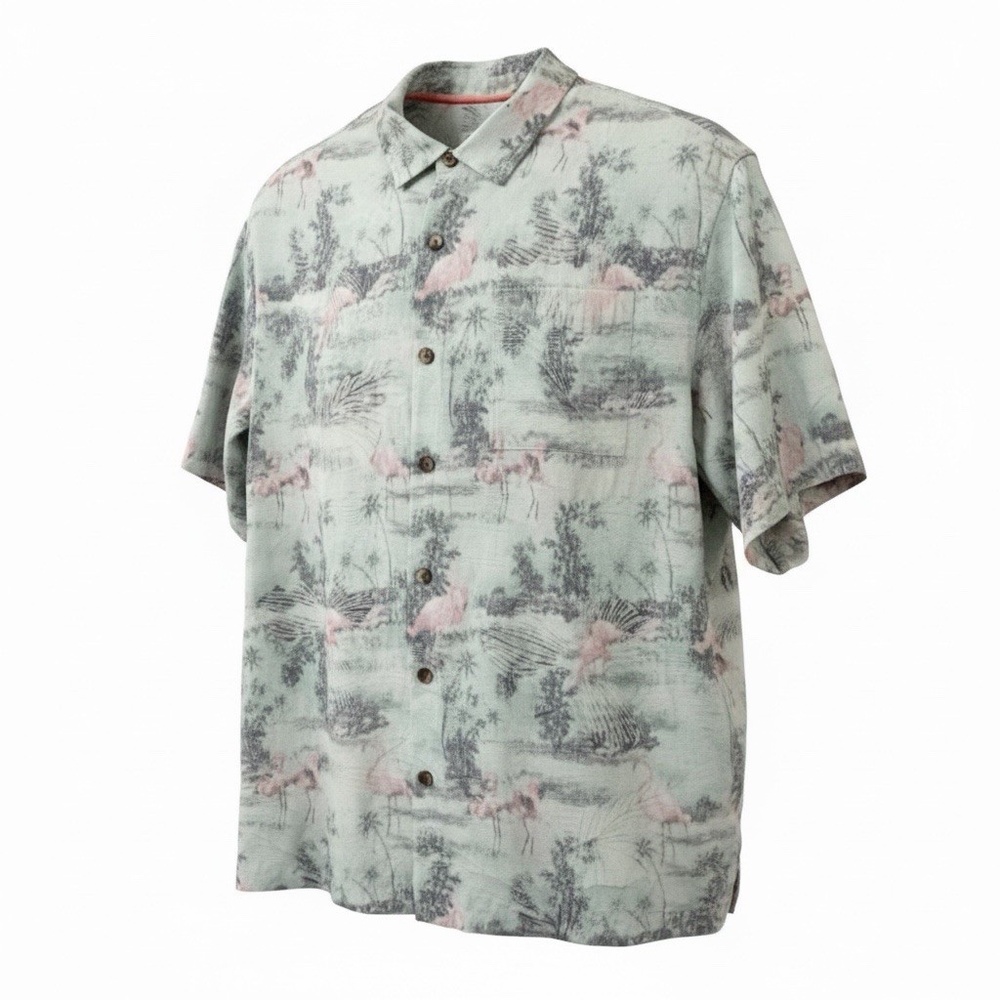 Tommy Bahama Silk Blend Mens Shirt Size 1XL Flamingo Button Down Short Sleeves